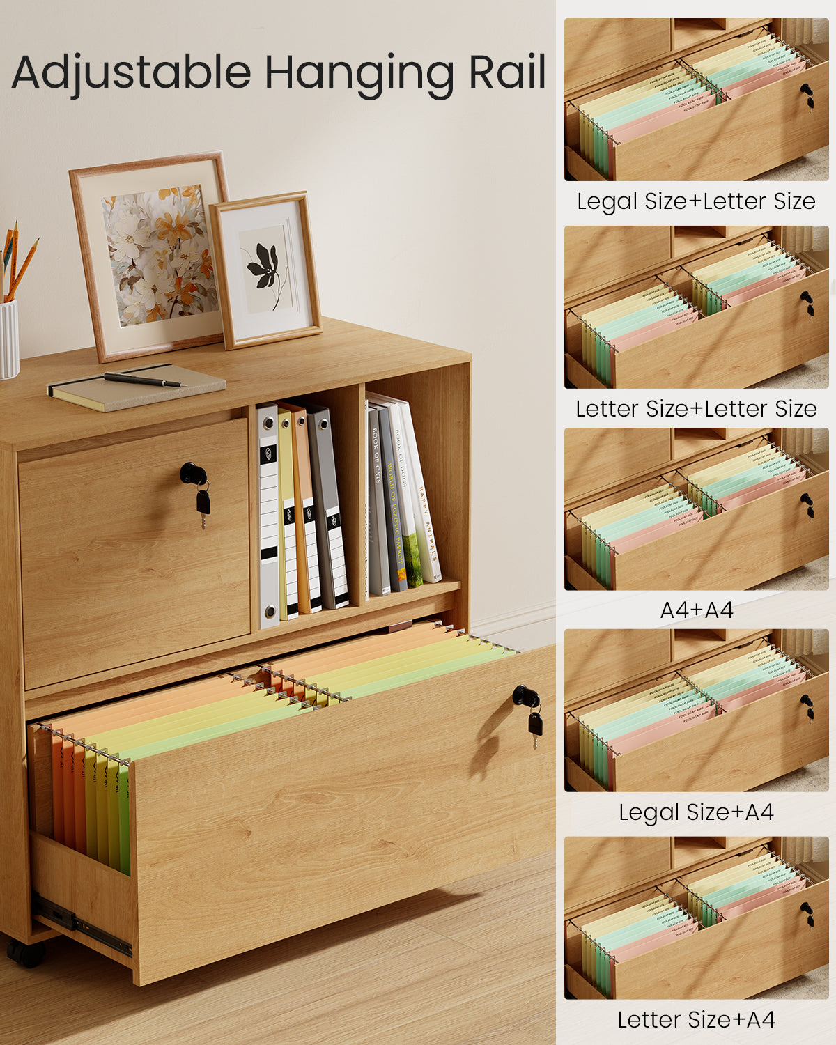 2 Drawer Mobile File Cabinet with Lock, Wood Lateral Filing Cabinet with 2 Open Shelves, Fits for A4/Letter-Sized Files, Printer for Home Office