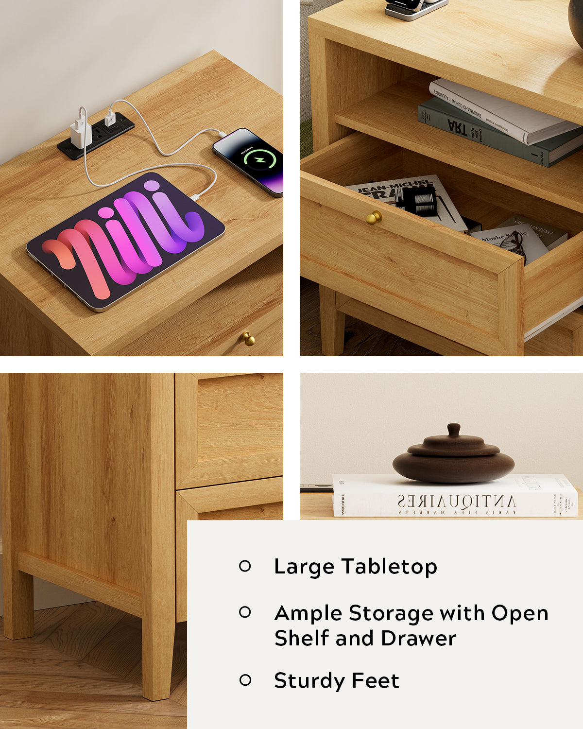 Farmhouse End Table with 2 Drawers, Wooden Nightstand with Open Storage Cable Hole Freestanding Wide Bedside Table for Bedroom Living Room Sofa