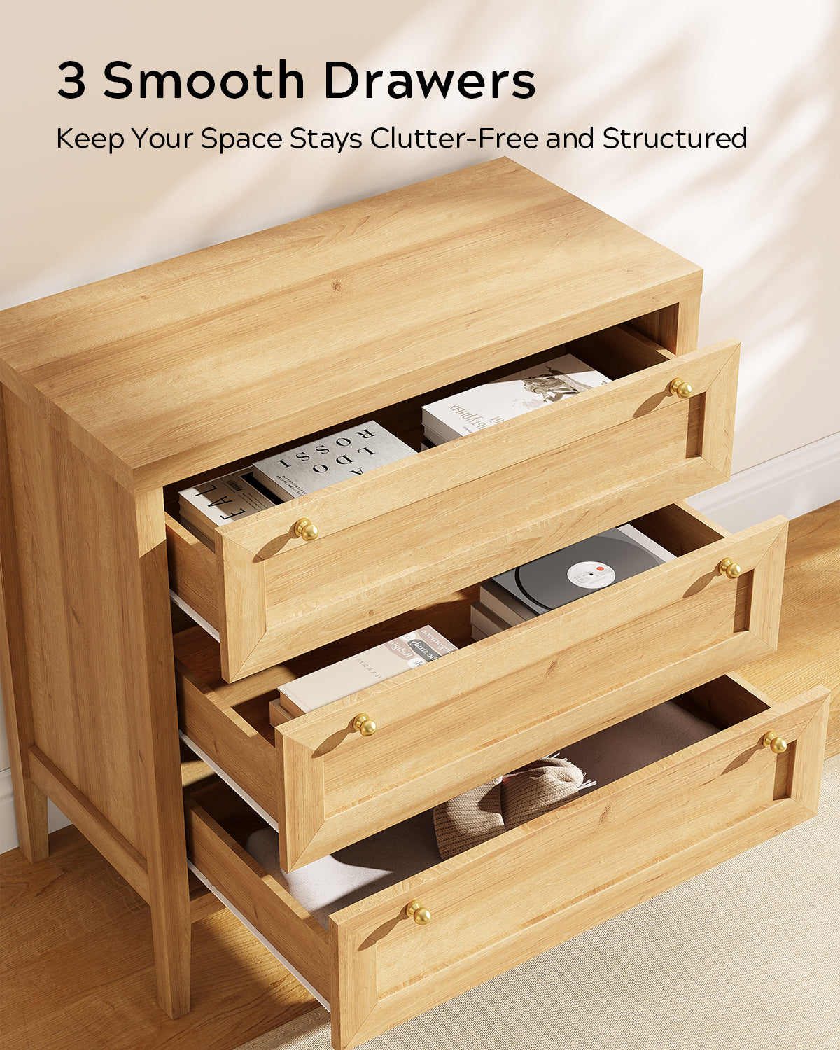 3 Drawers Dresser for Bedroom, Farmhouse Closet Storage Organizer with Golden Handles, Wooden Nightstand End Table for Living Room, Bedroom, Entryway, Hallway
