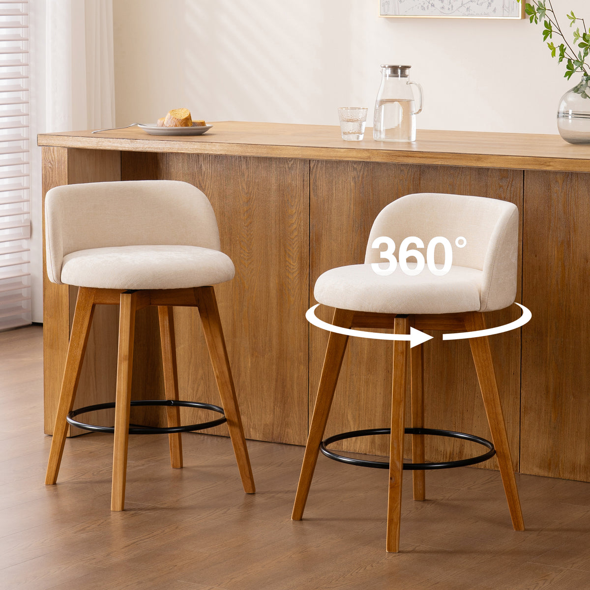 26" Swivel Bar Stools Set of 4, Farmhouse Upholstered Bar Chairs with Curved Back and Wood Legs, Chenille Fabric Counter Height Island Chairs for Kitchen Island