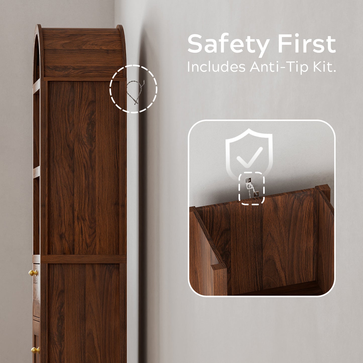 67" Arched Tall Narrow Bathroom Storage Cabinet Brown | Arched Roof / Adjustable Shelves / Smooth Guide Rails / Anti-tilt Kit / Magnetic Attachment Design / Sturdy Wooden Legs