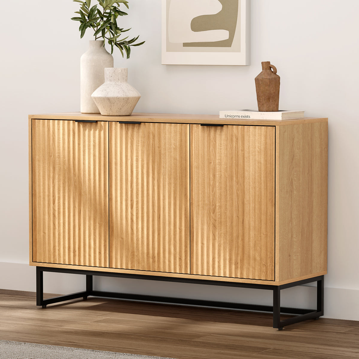 Fluted Storage Cabinet with 3 Doors, Sideboard Buffet Cabinets with Adjustable Shelves, Multifunctional Console Table with Storage Credenza for Living Room, Hallway,