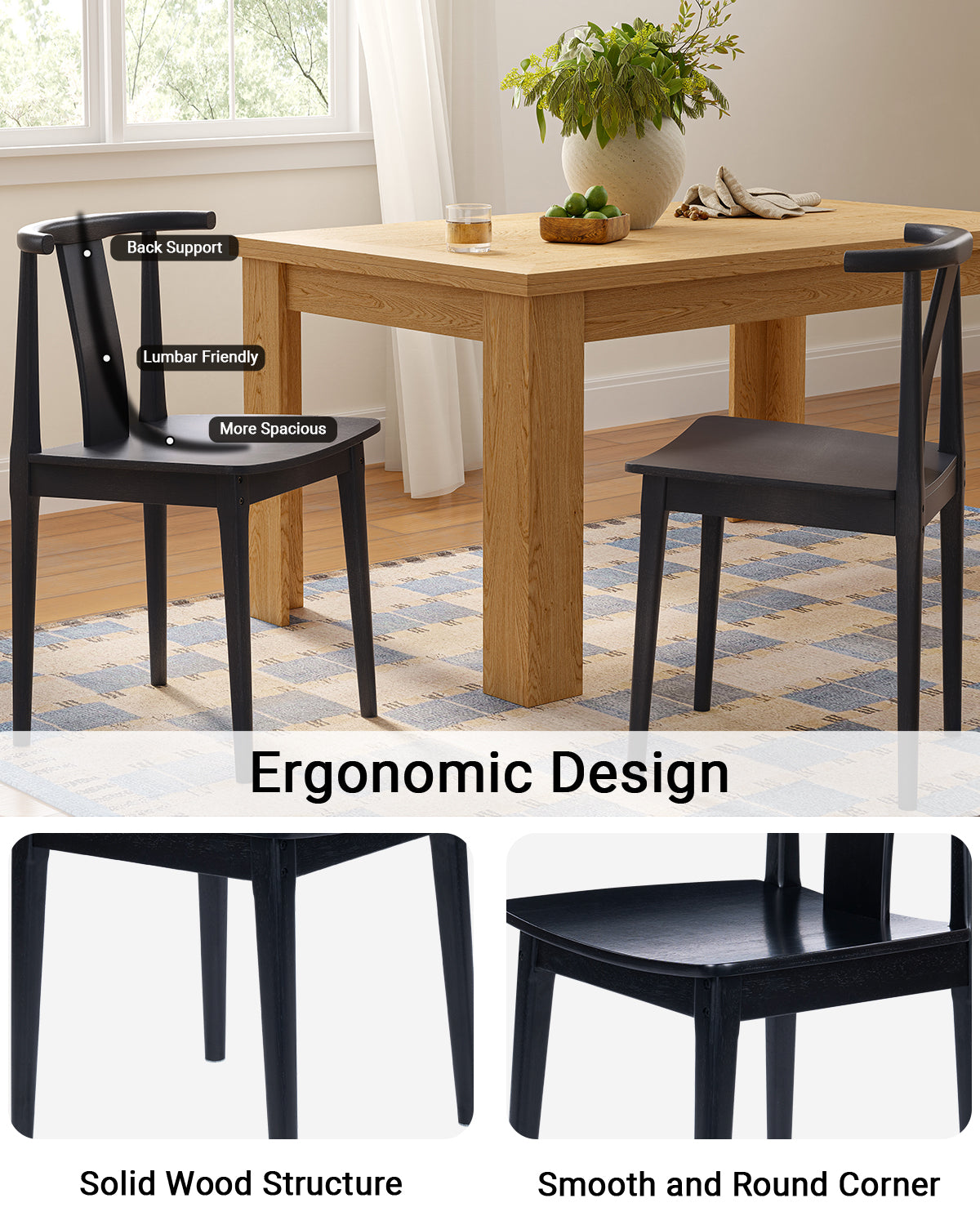 Wood Dining Room Chairs Set of 2, Mid Century Modern Kitchen Chairs Wishbone Chair with Curved Back Armless Accent Chair for Living Room Restaurant