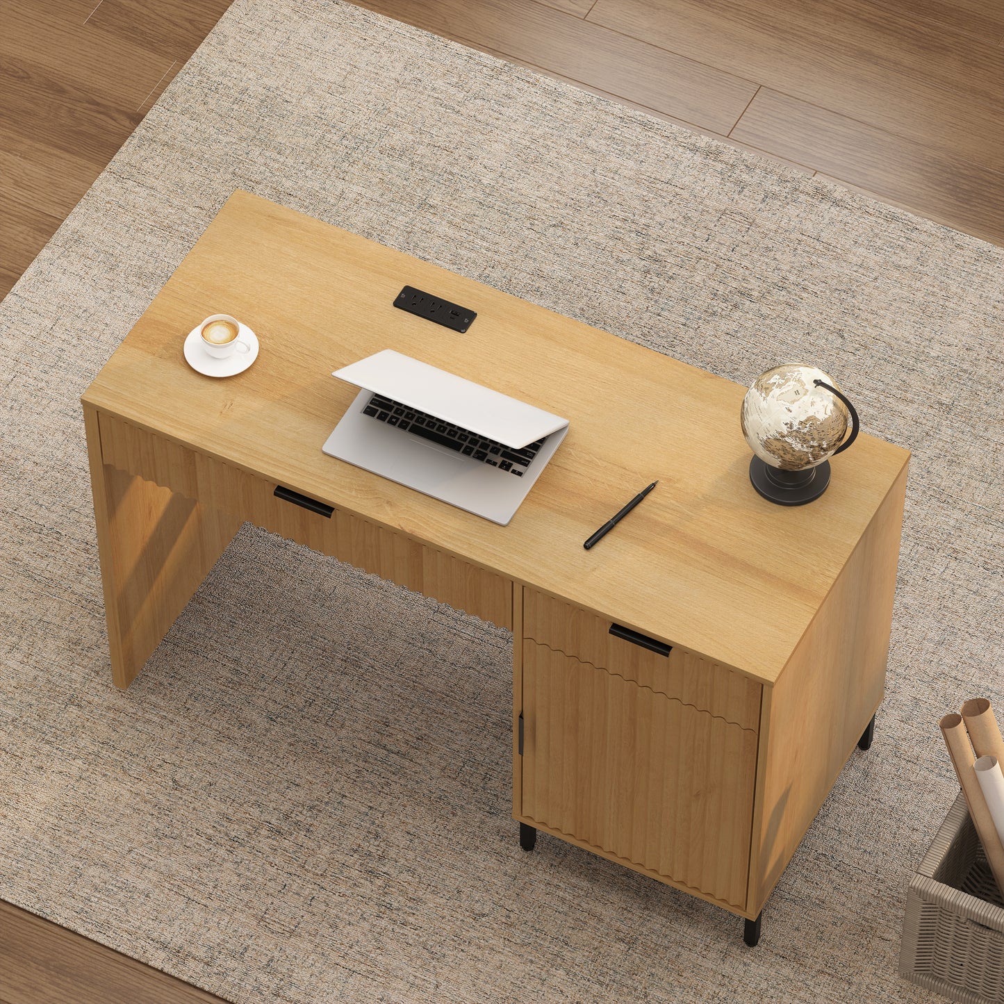 47" Office Desk with Fluted Drawers, Wooden Home Exectuive Desk with Storage Cabinet, Charging Station, Metal Legs Modern Farmhouse Computer Desk for Work, Study