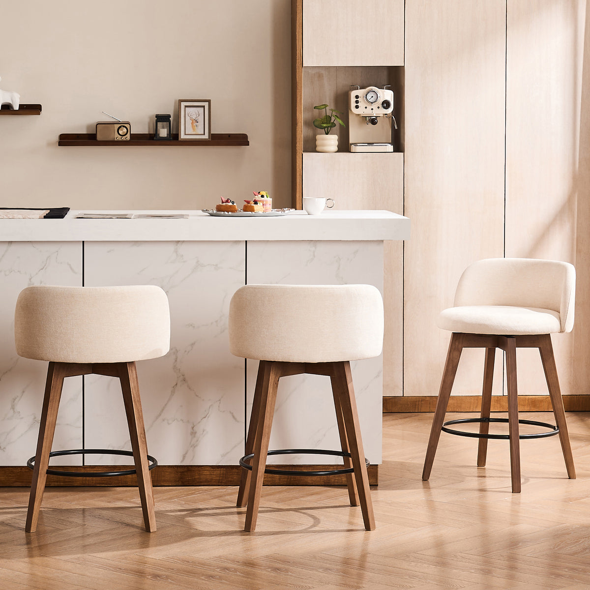 26" Swivel Bar Stools Set of 4, Farmhouse Upholstered Bar Chairs with Curved Back and Wood Legs, Chenille Fabric Counter Height Island Chairs for Kitchen Island