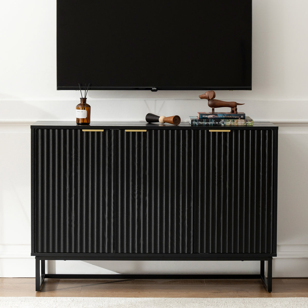 Fluted Storage Cabinet with 3 Doors, Sideboard Buffet Cabinets with Adjustable Shelves, Multifunctional Console Table with Storage Credenza for Living Room, Hallway,