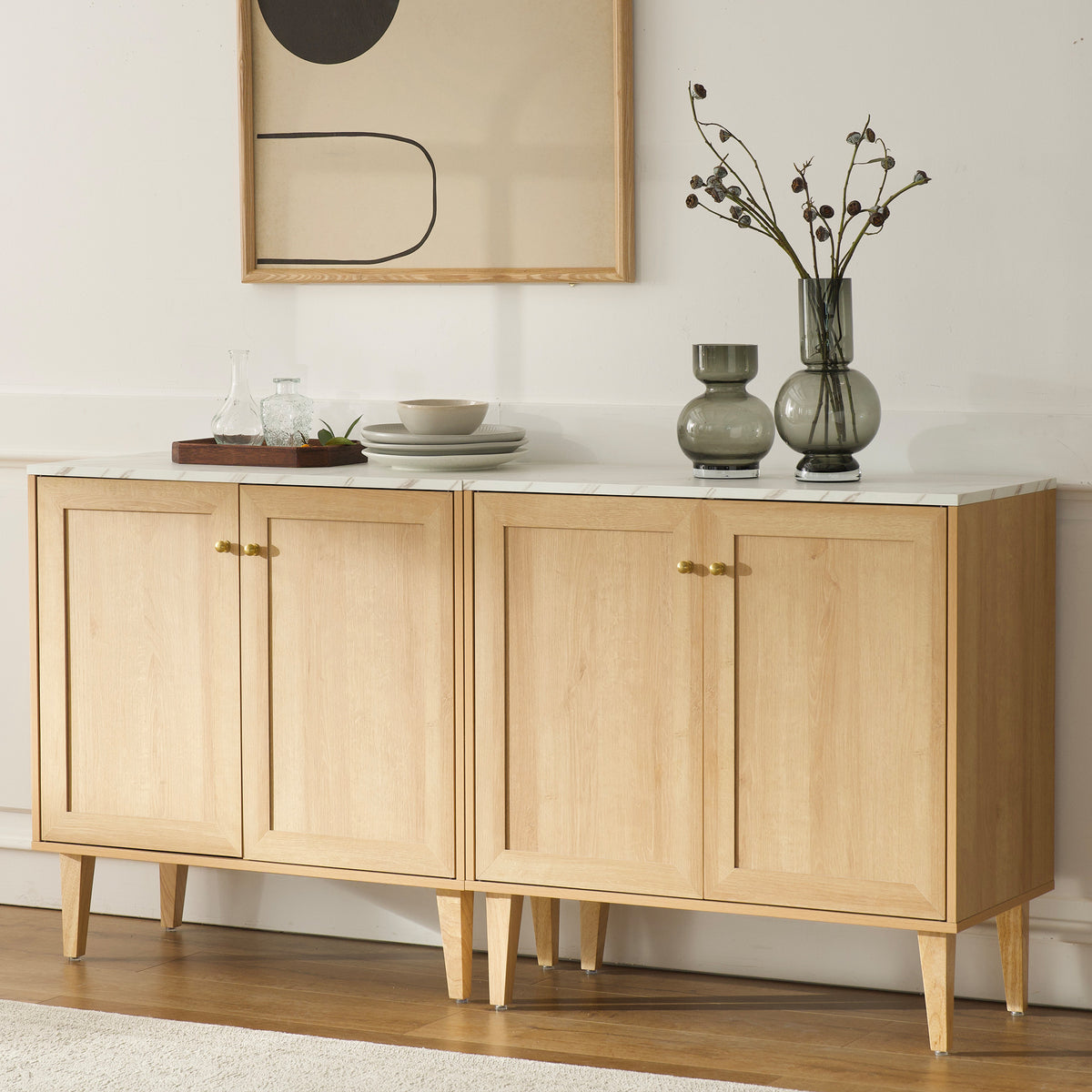 Accent Storage Cabinet Modern Freestanding Sideboard Buffet with Faux Marble Top Adjustable Shelves Wood Organizer for Living Room