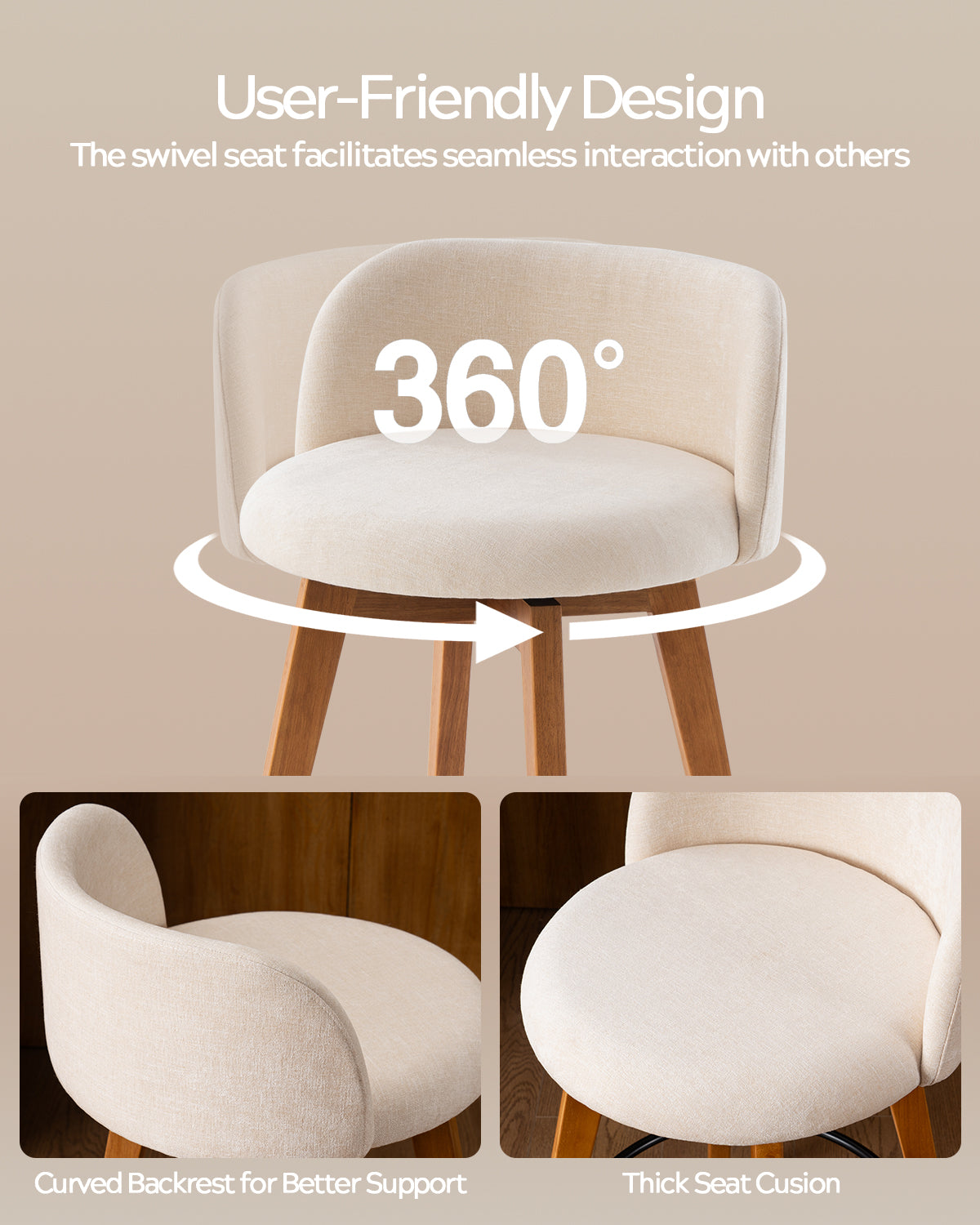 26" Swivel Bar Stools Set of 4, Farmhouse Upholstered Bar Chairs with Curved Back and Wood Legs, Chenille Fabric Counter Height Island Chairs for Kitchen Island