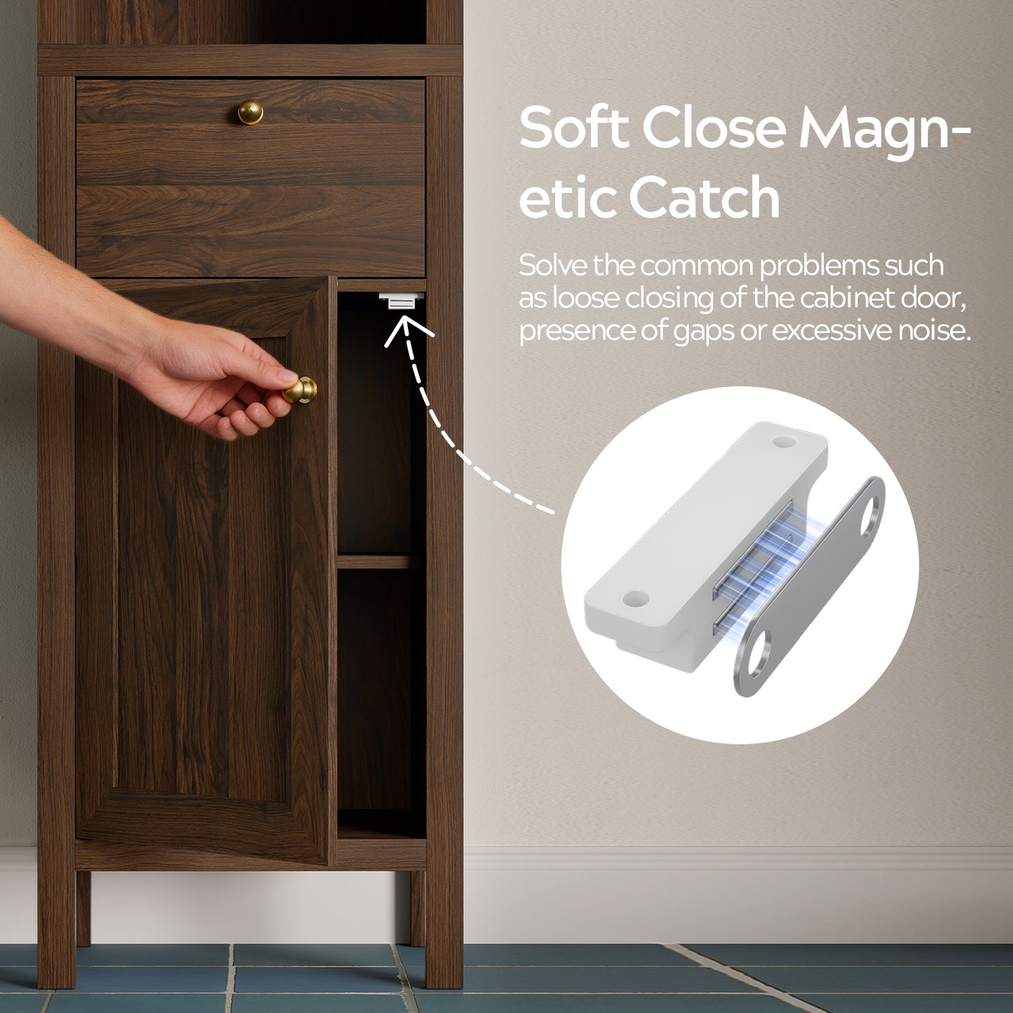67" Arched Tall Narrow Bathroom Storage Cabinet Brown | Arched Roof / Adjustable Shelves / Smooth Guide Rails / Anti-tilt Kit / Magnetic Attachment Design / Sturdy Wooden Legs