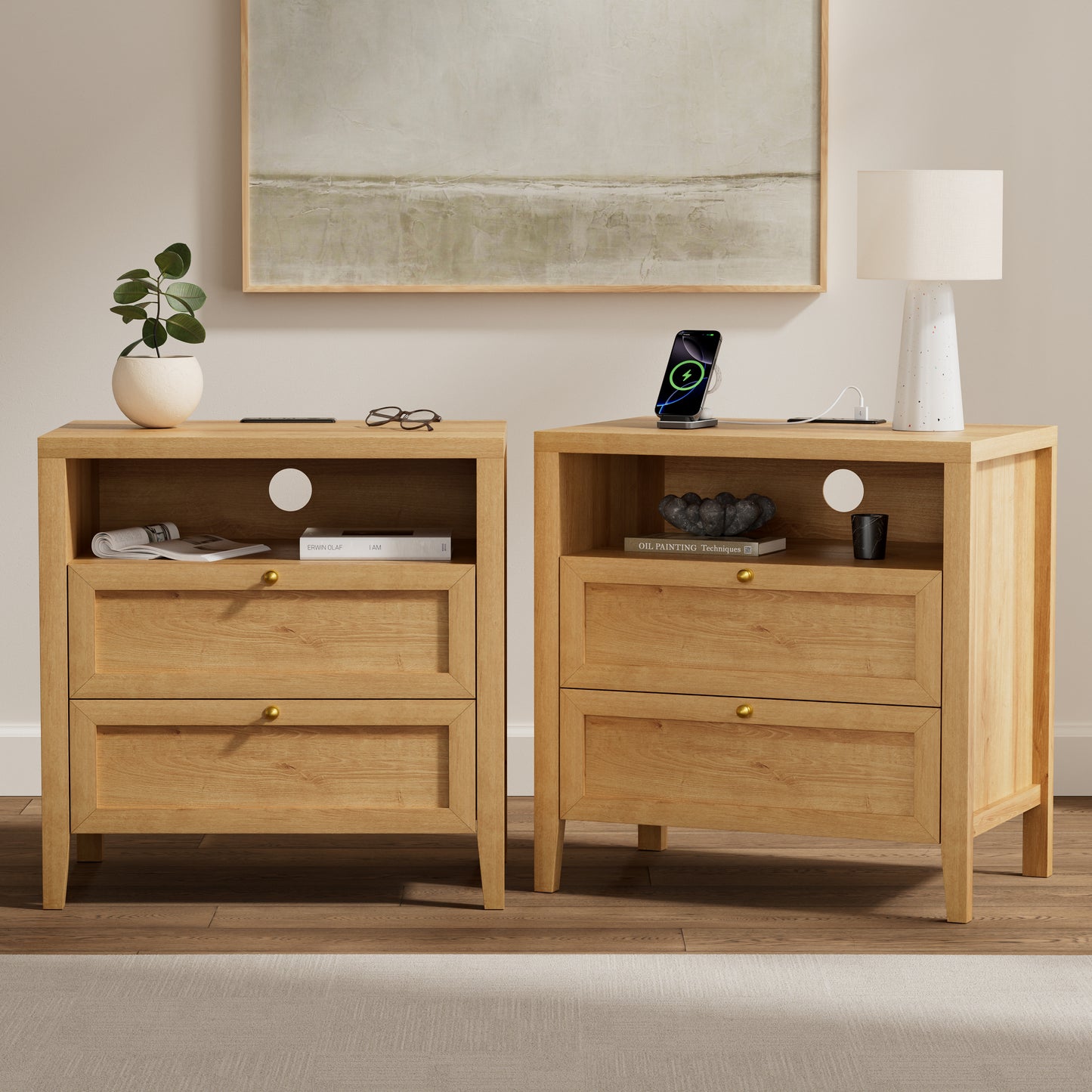 Farmhouse End Table with 2 Drawers, Wooden Nightstand with Open Storage Cable Hole Freestanding Wide Bedside Table for Bedroom Living Room Sofa