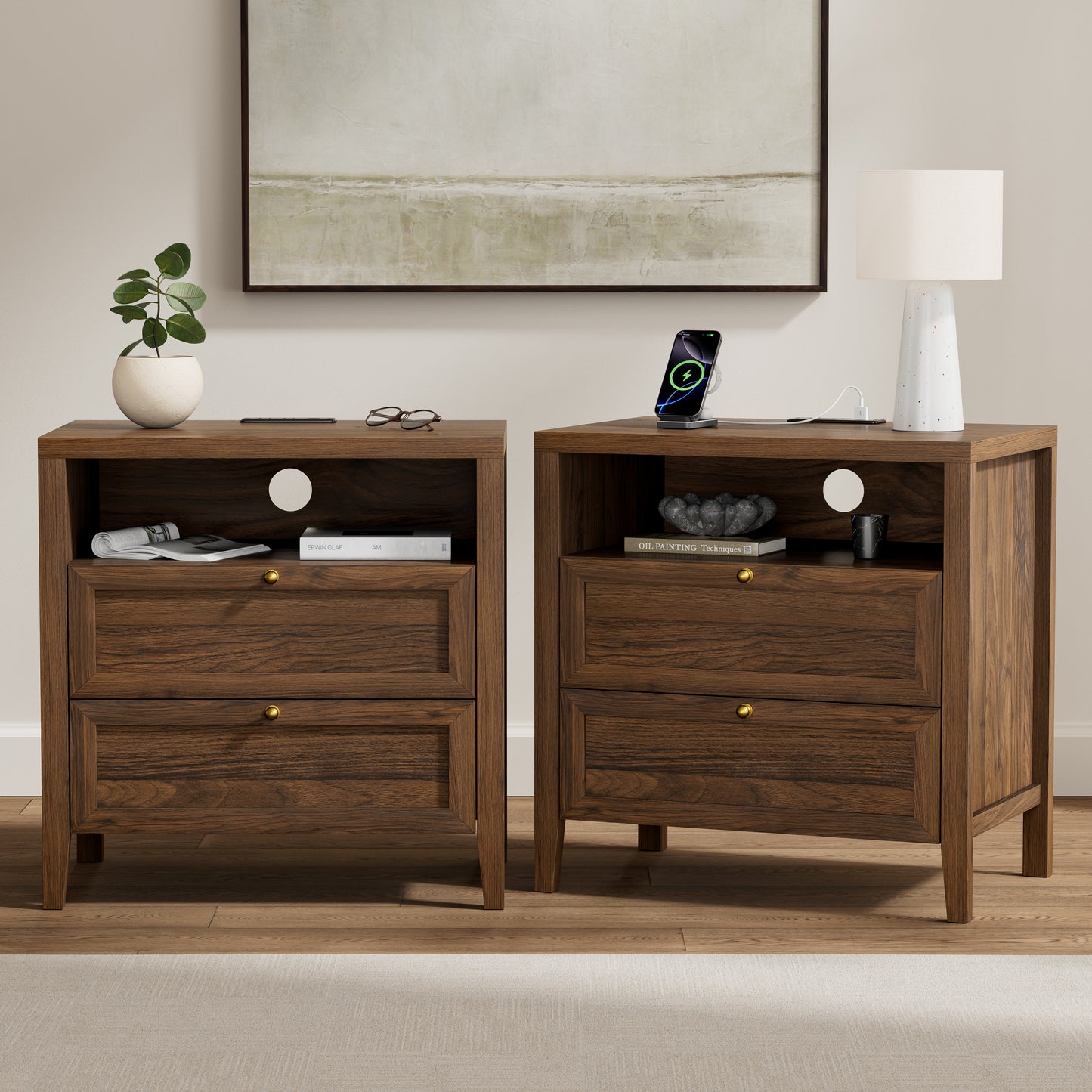Farmhouse End Table with 2 Drawers, Wooden Nightstand with Open Storage Cable Hole Freestanding Wide Bedside Table for Bedroom Living Room Sofa
