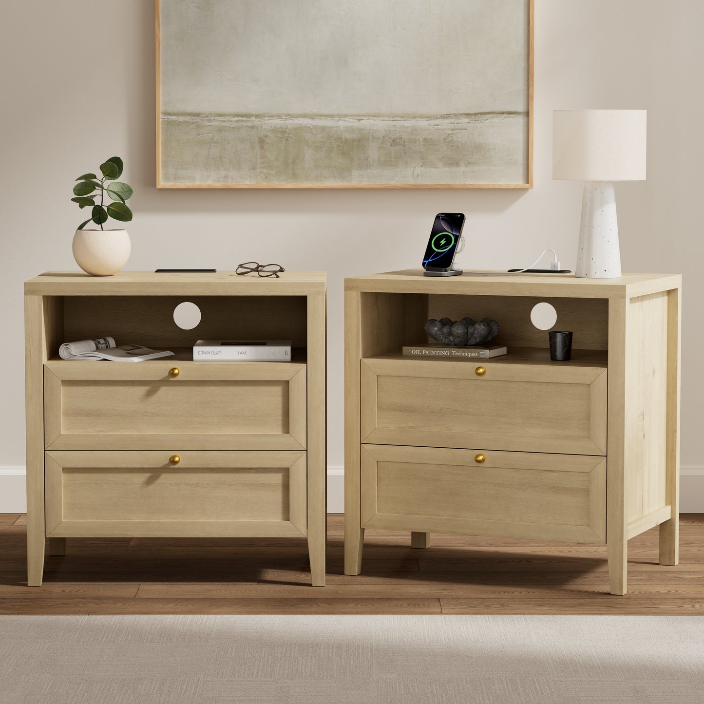 Farmhouse End Table with 2 Drawers, Wooden Nightstand with Open Storage Cable Hole Freestanding Wide Bedside Table for Bedroom Living Room Sofa