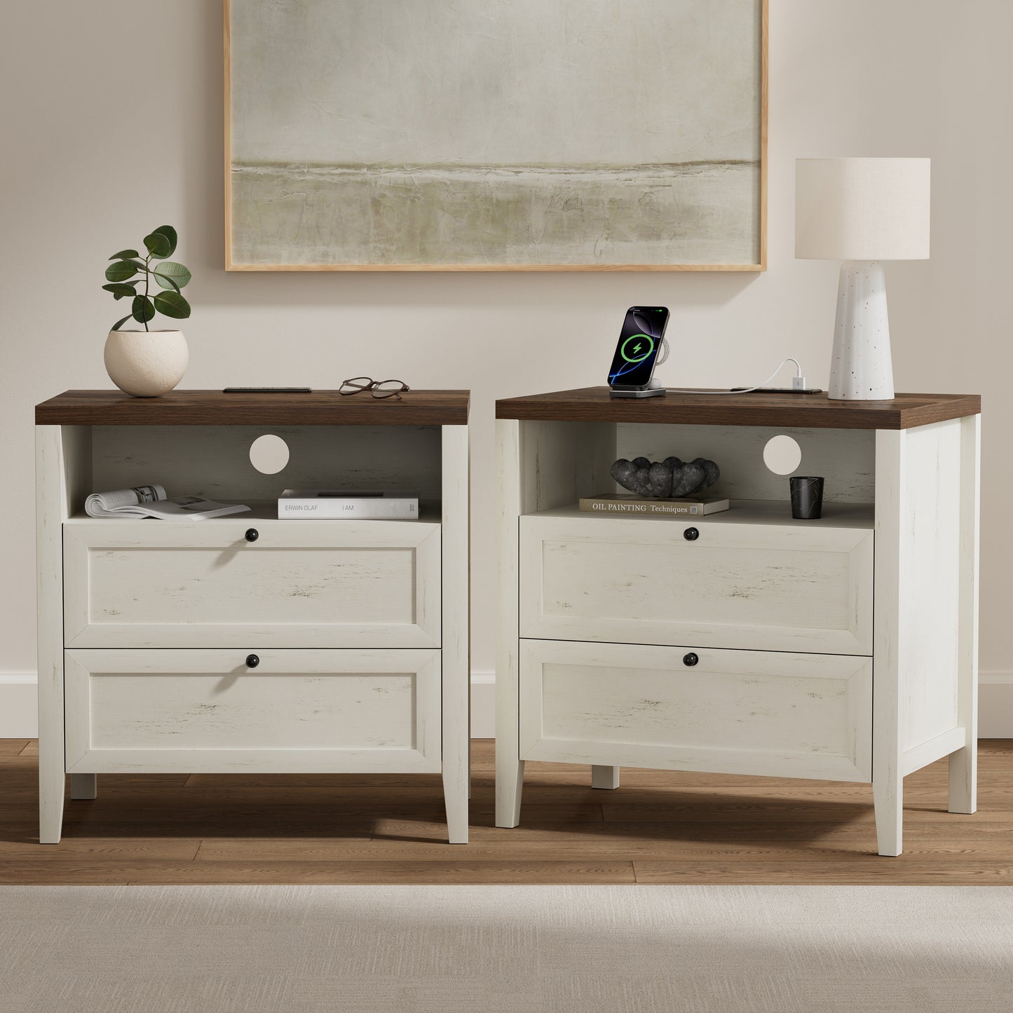 Farmhouse End Table with 2 Drawers, Wooden Nightstand with Open Storage Cable Hole Freestanding Wide Bedside Table for Bedroom Living Room Sofa