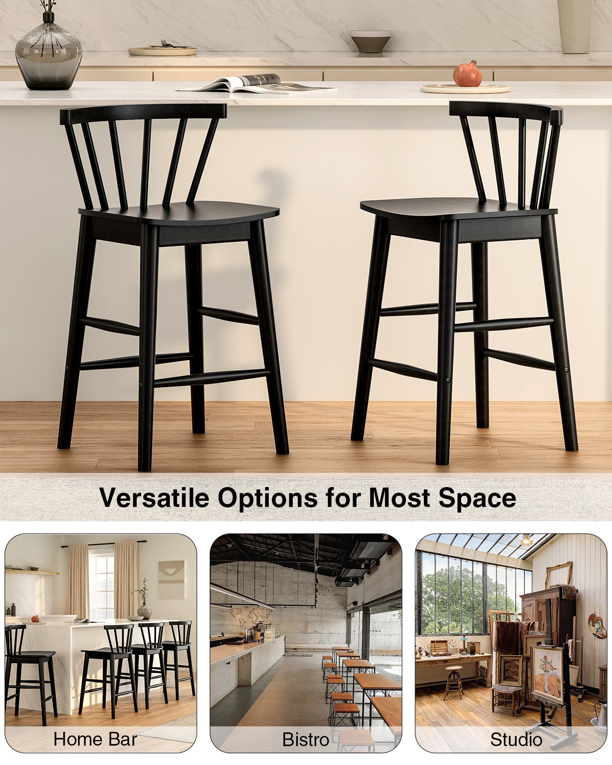 Modern Bar Stools Set of 2, 24" Wooden Counter Height Barstools, Modern Armless Farmhouse Bar Dining Chairs with Back & Footrest for Kitchen Island Pub
