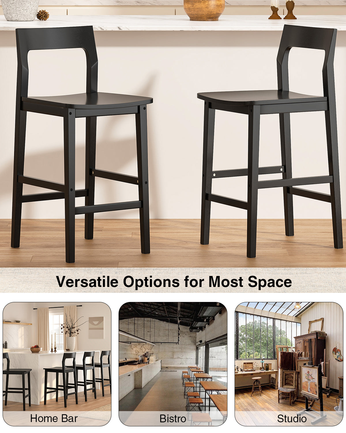 Modern Wood Barstools, Counter Height Bar Stools Armless Farmhouse Wooden Bar Dining Chairs with Back & Footrest for Kitchen Island Cafe Pub