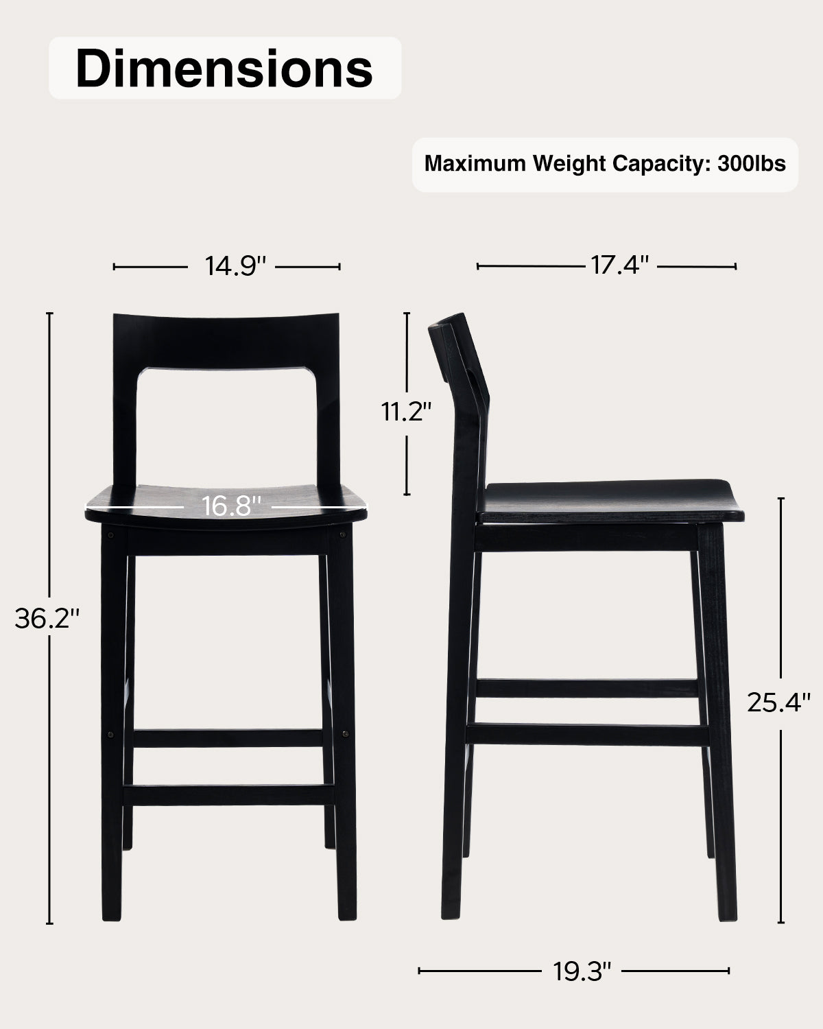 Modern Wood Barstools, Counter Height Bar Stools Armless Farmhouse Wooden Bar Dining Chairs with Back & Footrest for Kitchen Island Cafe Pub