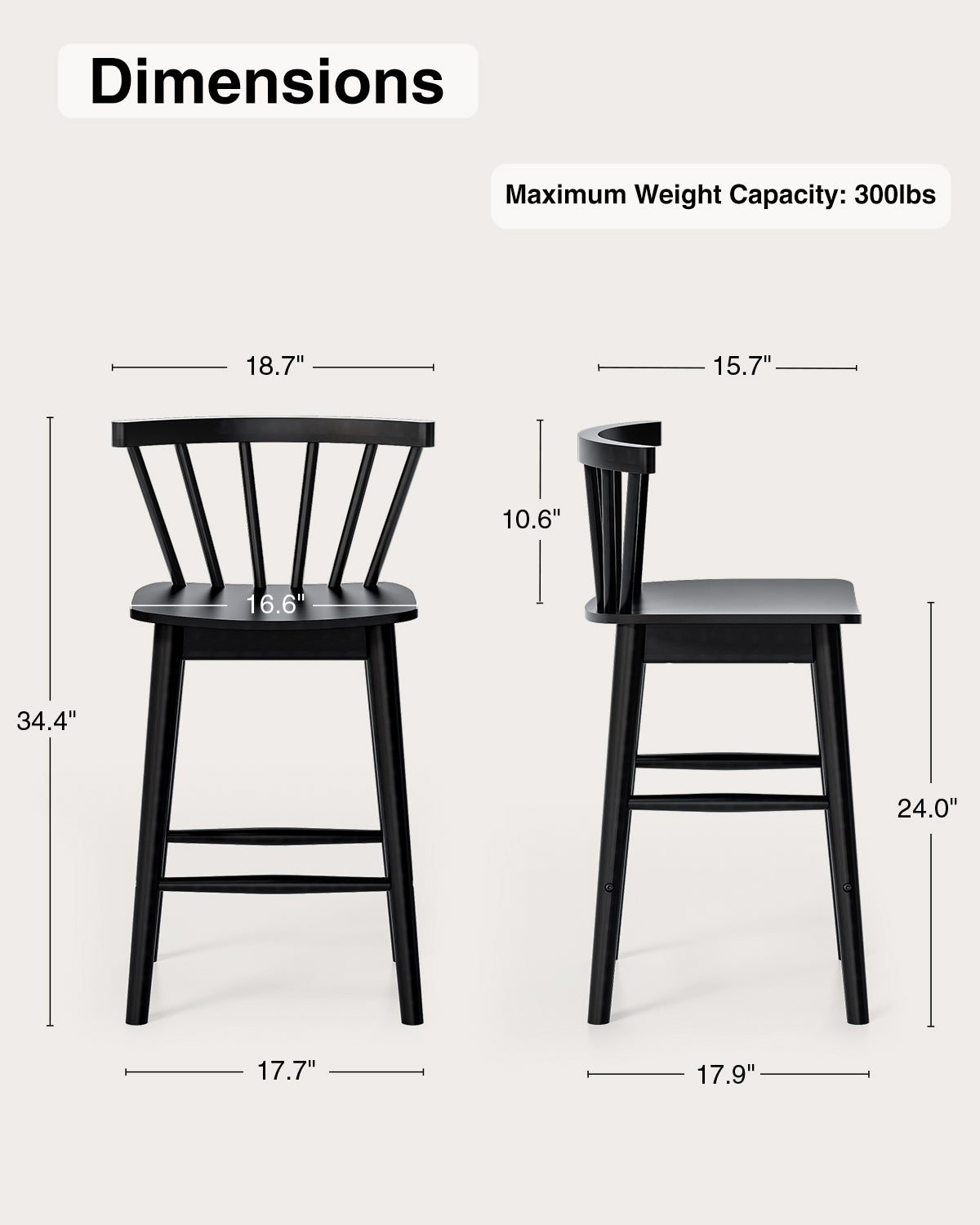 Modern Bar Stools Set of 2, 24" Wooden Counter Height Barstools, Modern Armless Farmhouse Bar Dining Chairs with Back & Footrest for Kitchen Island Pub