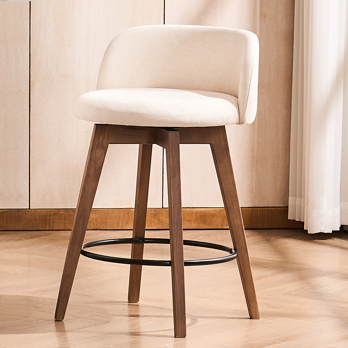 26" Swivel Bar Stools Set of 4, Farmhouse Upholstered Bar Chairs with Curved Back and Wood Legs, Chenille Fabric Counter Height Island Chairs for Kitchen Island