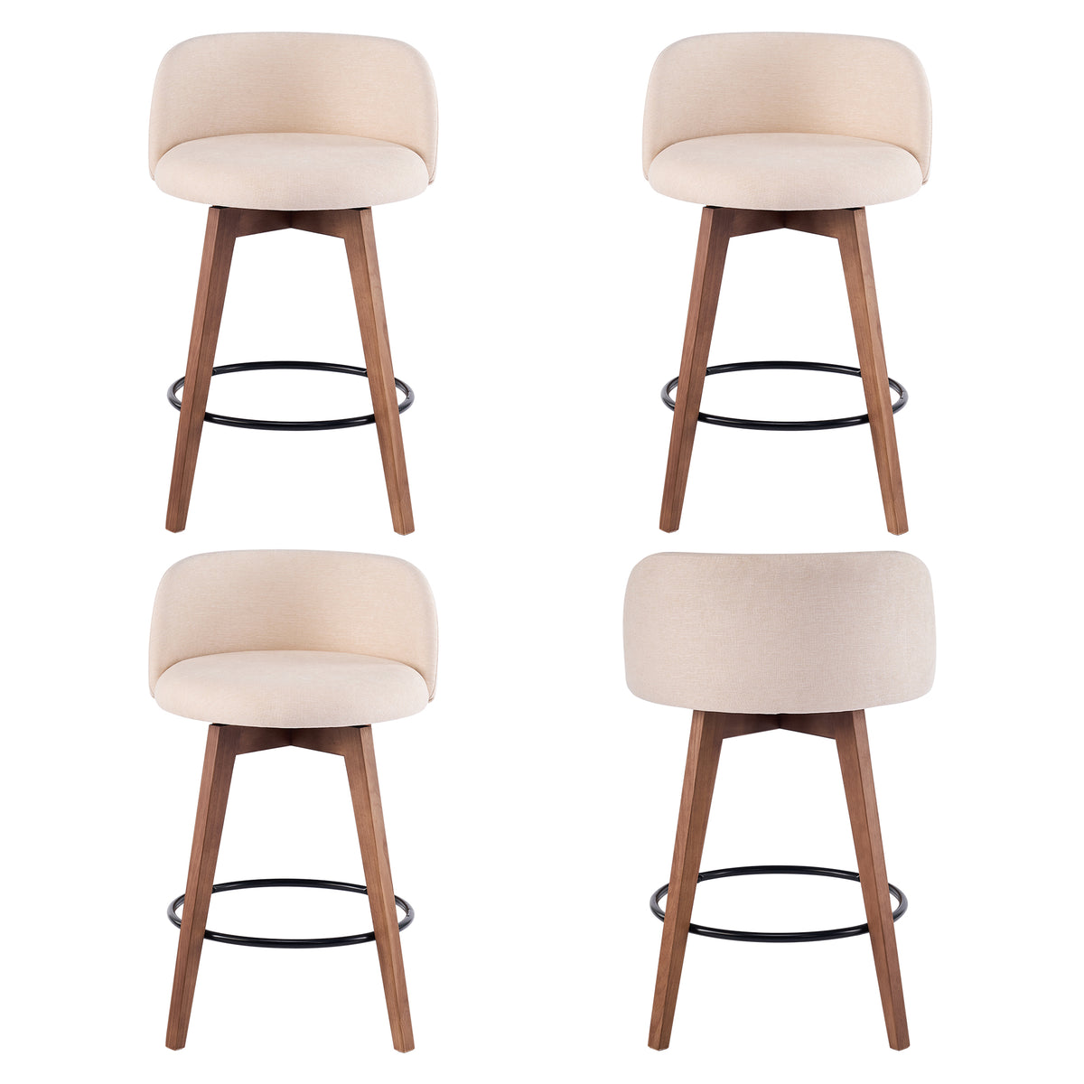 26" Swivel Bar Stools Set of 4, Farmhouse Upholstered Bar Chairs with Curved Back and Wood Legs, Chenille Fabric Counter Height Island Chairs for Kitchen Island