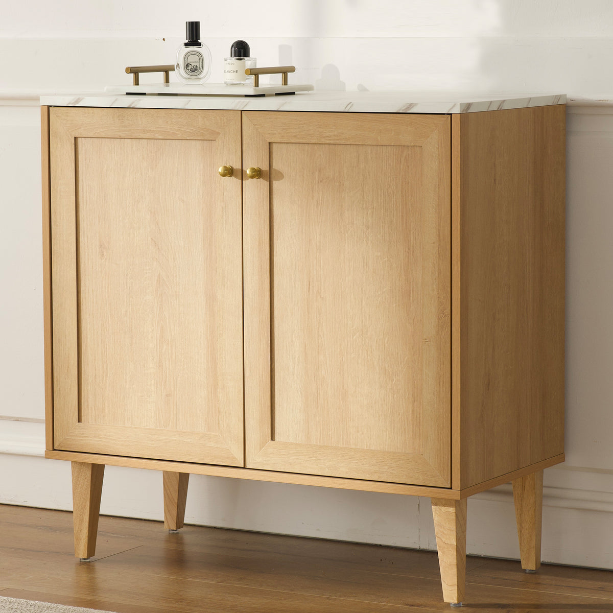 Accent Storage Cabinet Modern Freestanding Sideboard Buffet with Faux Marble Top Adjustable Shelves Wood Organizer for Living Room
