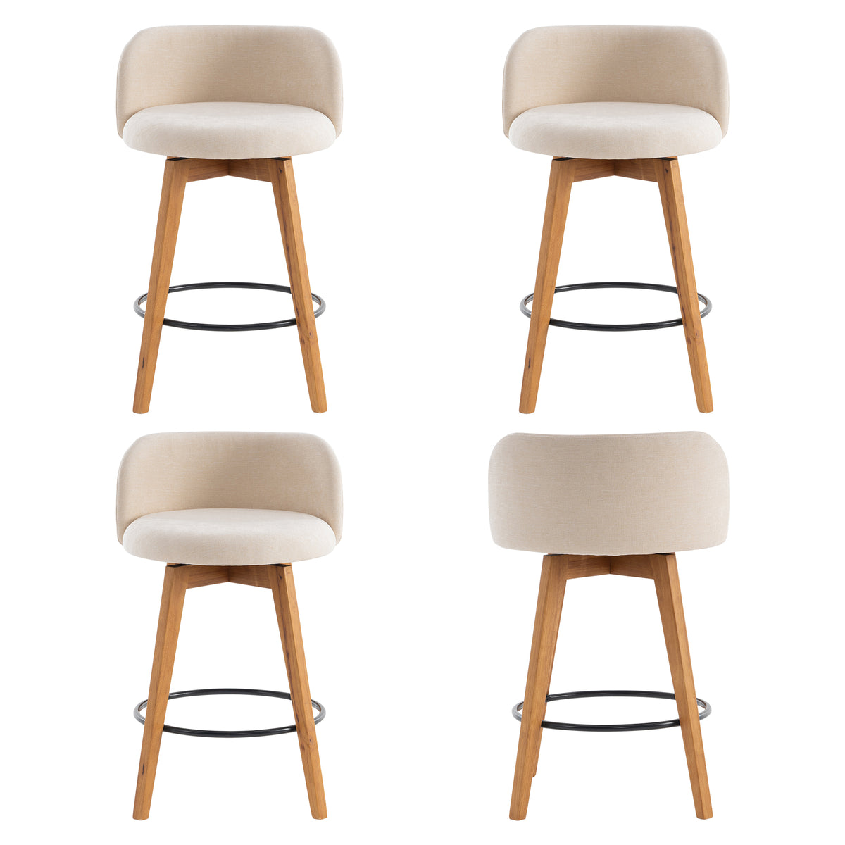 26" Swivel Bar Stools Set of 4, Farmhouse Upholstered Bar Chairs with Curved Back and Wood Legs, Chenille Fabric Counter Height Island Chairs for Kitchen Island
