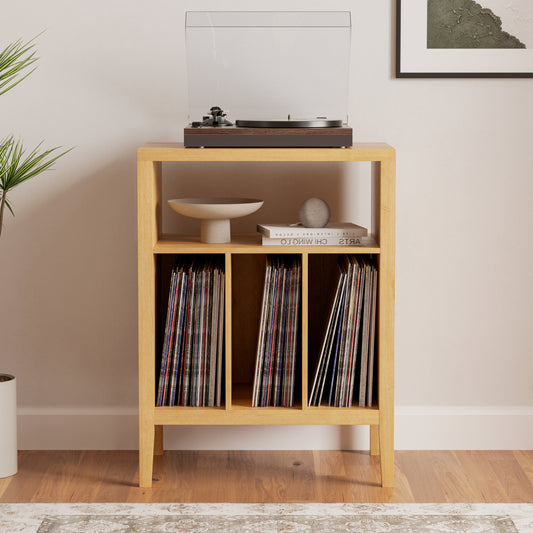 Modern Record Player Stand, Vinyl Record Storage Cabinet with Open Shelf, Wood Records Player Table Cube Storage Organizer for Living Room, Office