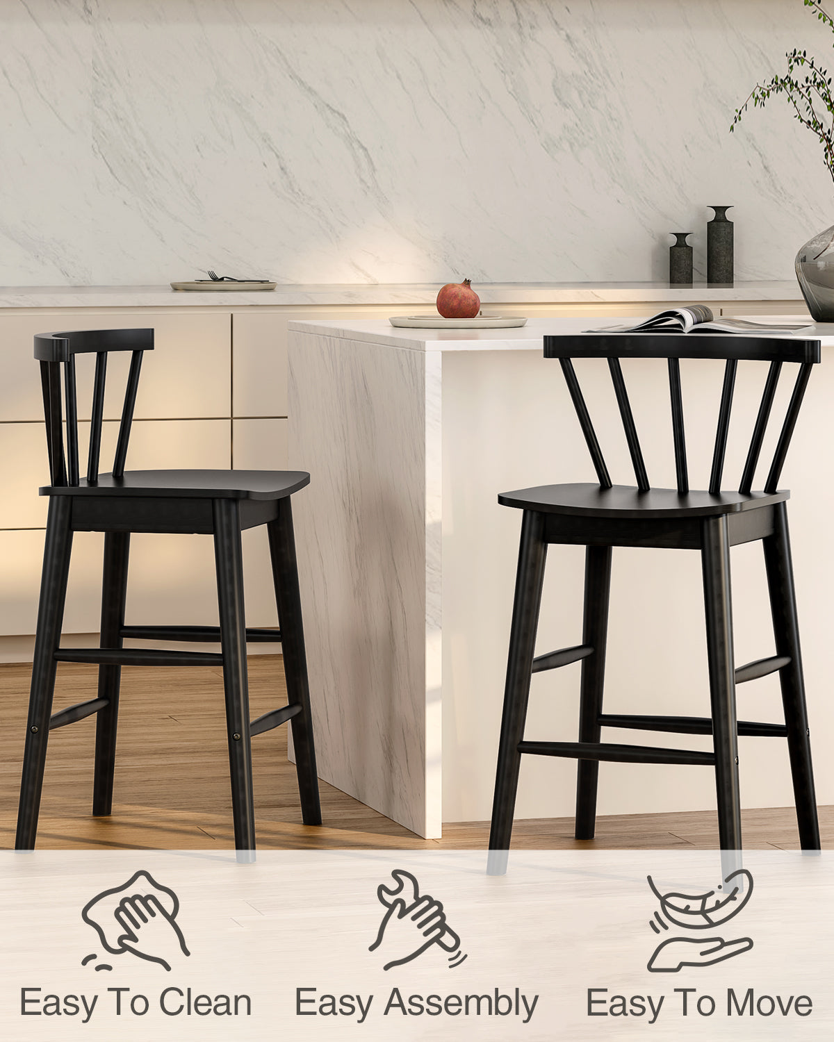 Modern Bar Stools Set of 2, 24" Wooden Counter Height Barstools, Modern Armless Farmhouse Bar Dining Chairs with Back & Footrest for Kitchen Island Pub