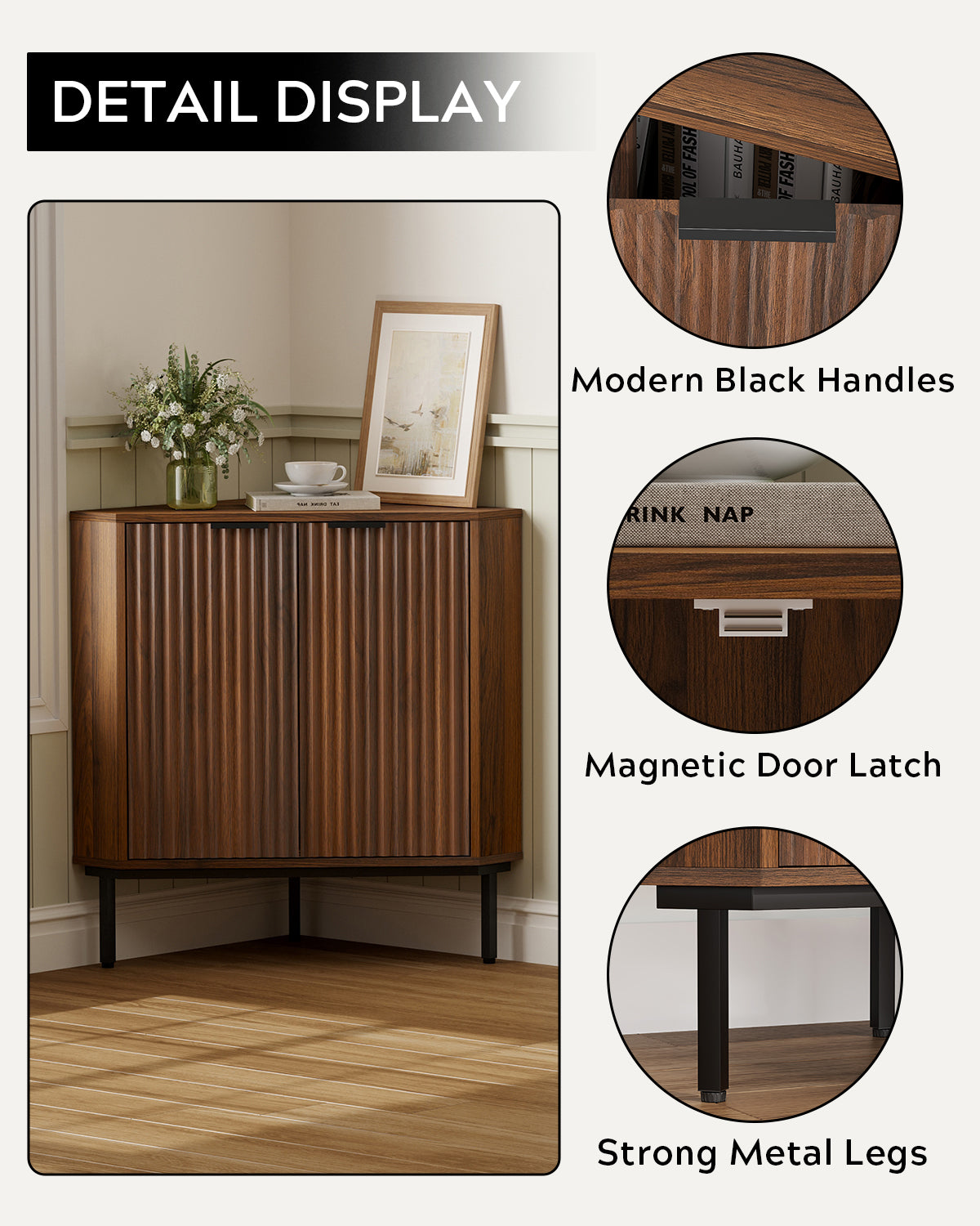 Modern Fluted Corner Cabinet, Small Floor Storage Cabinet with Adjustable Shelf & Metal Legs, Wooden Freestanding Narrow Organizer for Living Room Kitchen