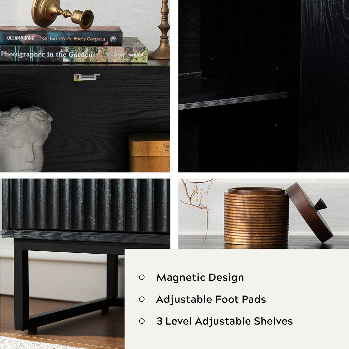 Fluted Storage Cabinet with 4 Doors, 55" Large Sideboard Buffet Cabinet with Adjustable Shelves Kitchen Wooden Credenza Coffee Bar Console Table for Dining Room Living Room