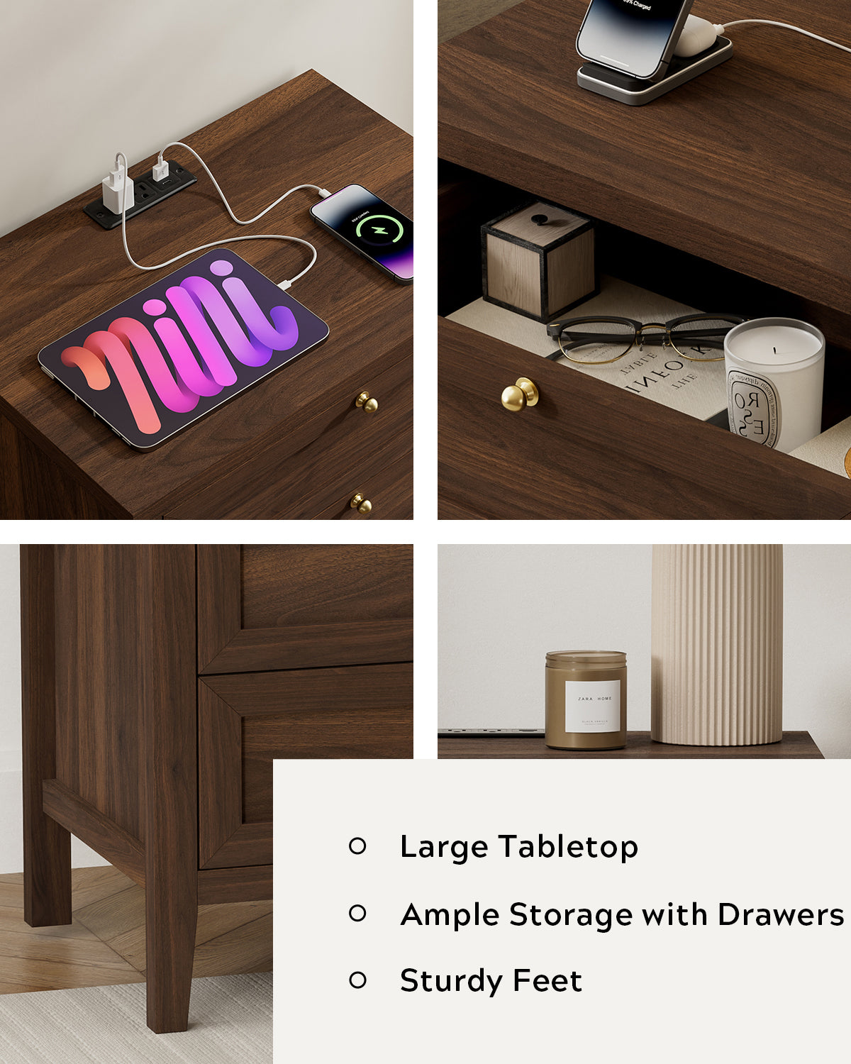 Farmhouse Nightstands Set of 2 with 3 Drawers Larger Night Stand with Charging Station Tall Bed Side Table Wide Nightstand End Table for Sofa, Bedroom