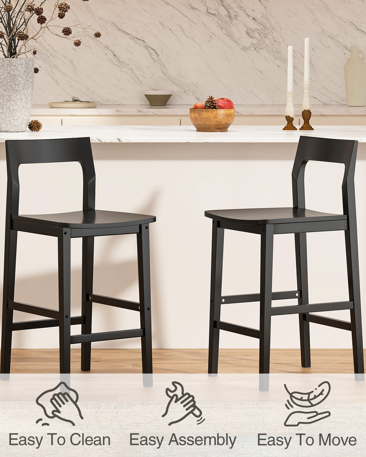 Modern Wood Barstools, Counter Height Bar Stools Armless Farmhouse Wooden Bar Dining Chairs with Back & Footrest for Kitchen Island Cafe Pub