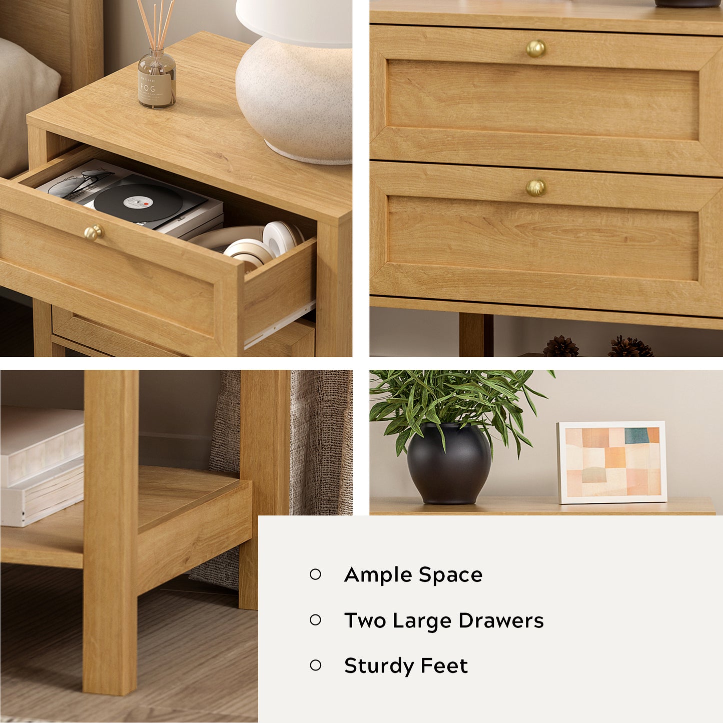 End Table with 2 Drawers, Farmhouse Nightstand with Open Shelf, Modern Bedside Cabinet Side Table Night Stand for Bedroom, Living Room