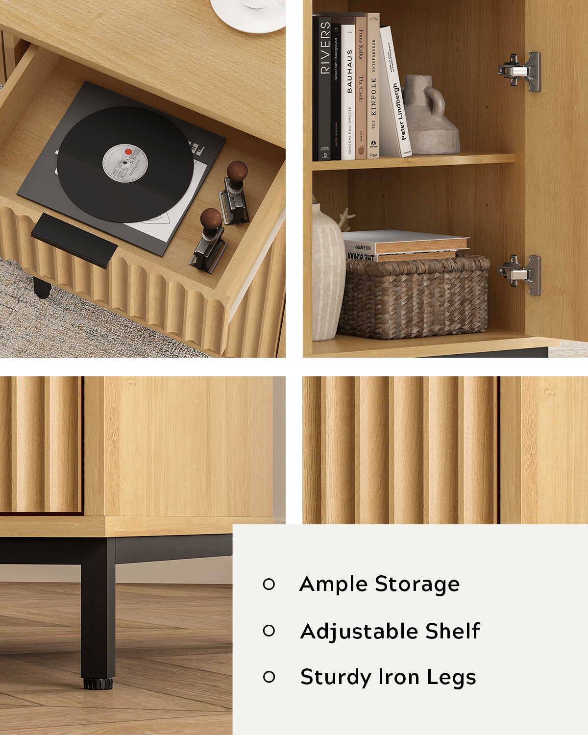 47" Office Desk with Fluted Drawers, Wooden Home Exectuive Desk with Storage Cabinet, Charging Station, Metal Legs Modern Farmhouse Computer Desk for Work, Study