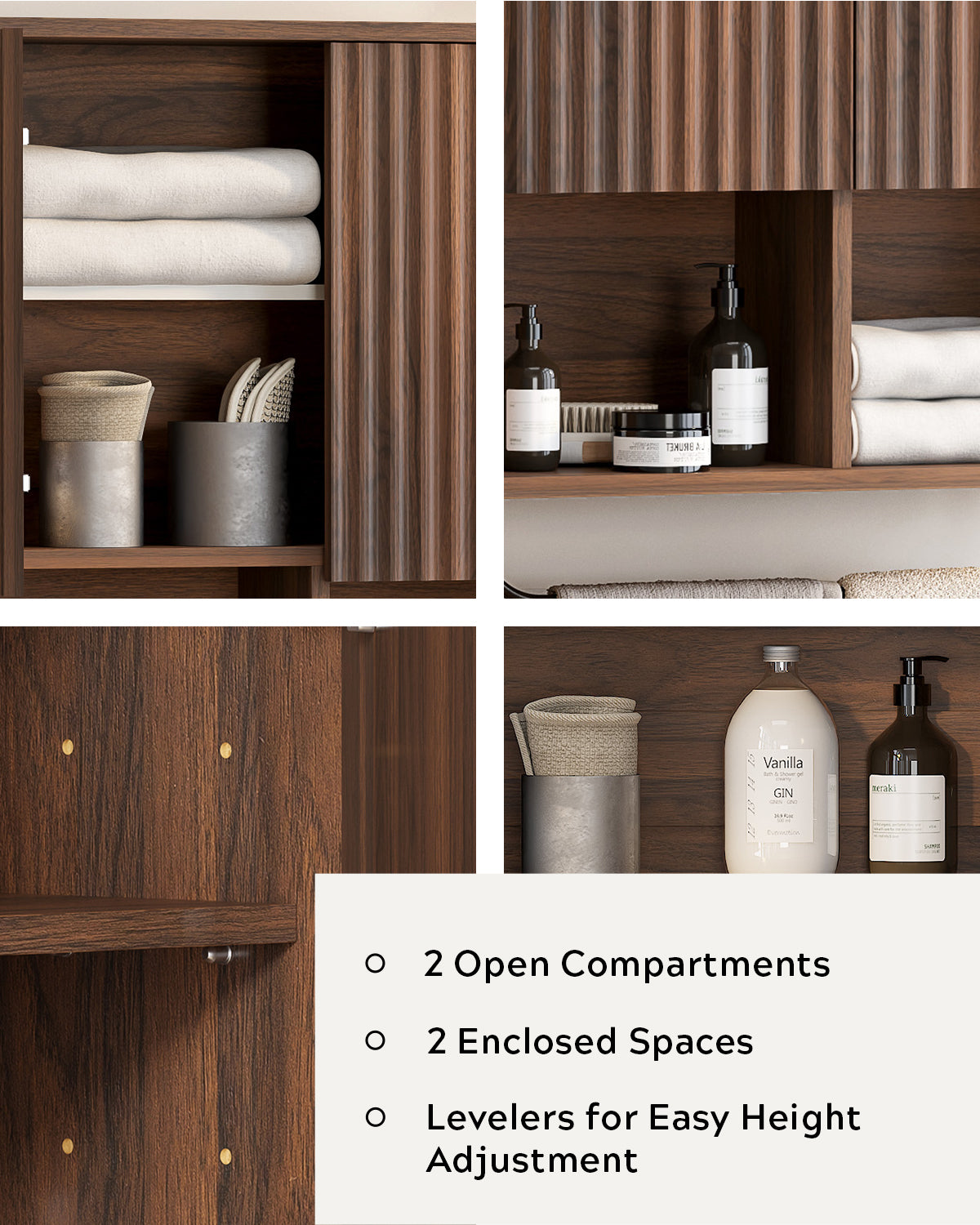 Fluted Wall Cabinets with Doors and Shelves Set of 2, Modern Medicine Cabinet Bathroom Adjustable Shelf Towel Rack Wood Storage Cabinet for Kitchen Dining Room Living Room