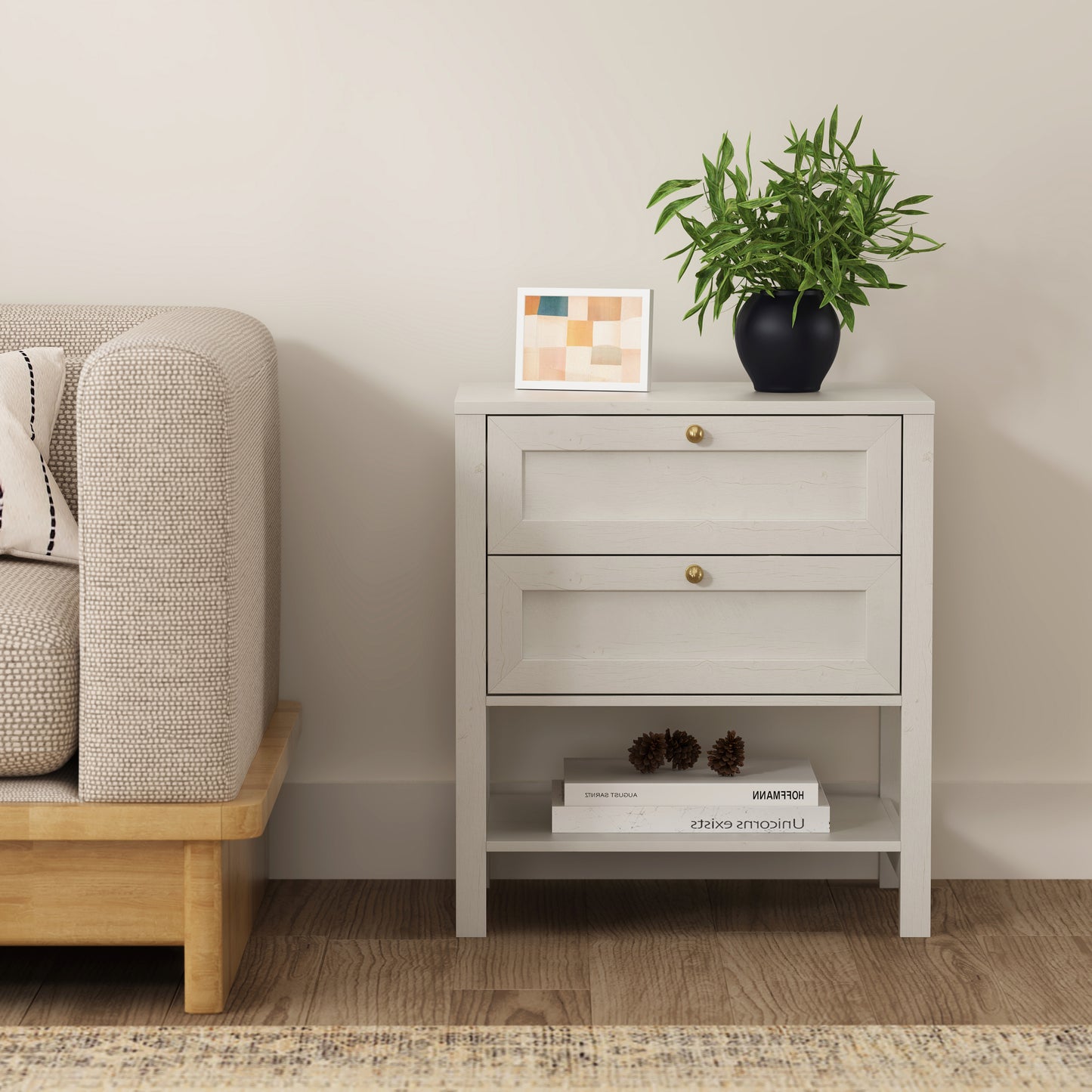 End Table with 2 Drawers, Farmhouse Nightstand with Open Shelf, Modern Bedside Cabinet Side Table Night Stand for Bedroom, Living Room