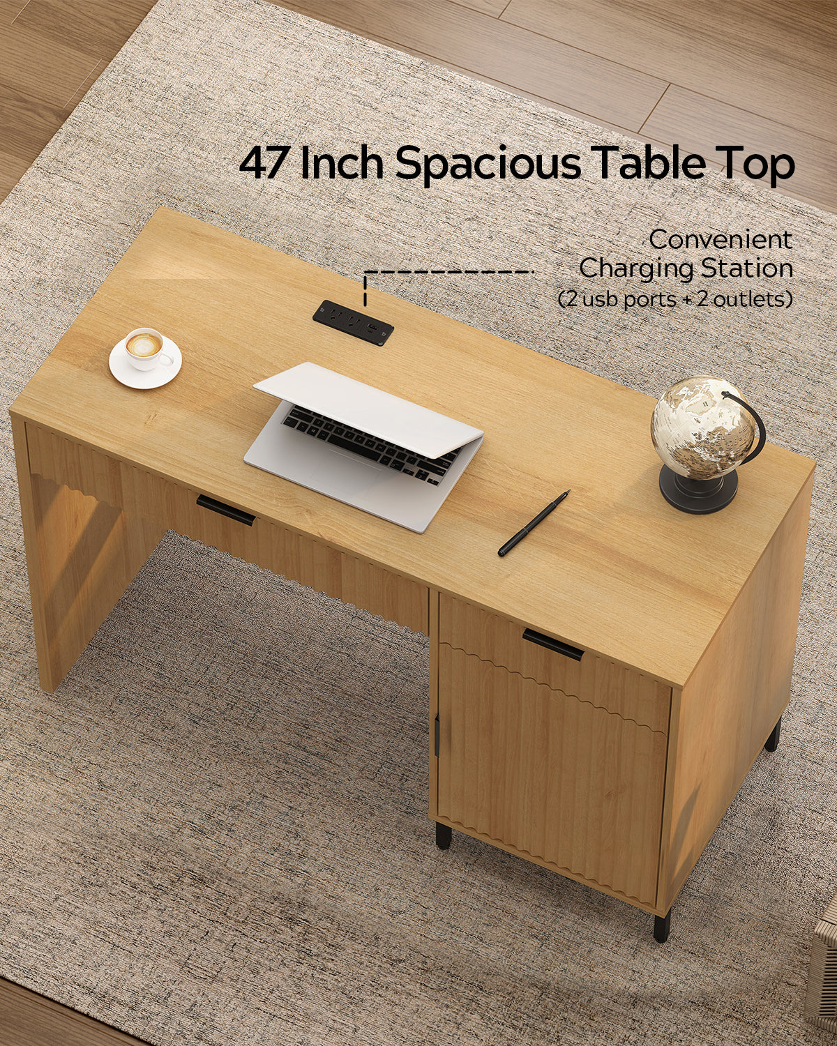 47" Office Desk with Fluted Drawers, Wooden Home Exectuive Desk with Storage Cabinet, Charging Station, Metal Legs Modern Farmhouse Computer Desk for Work, Study