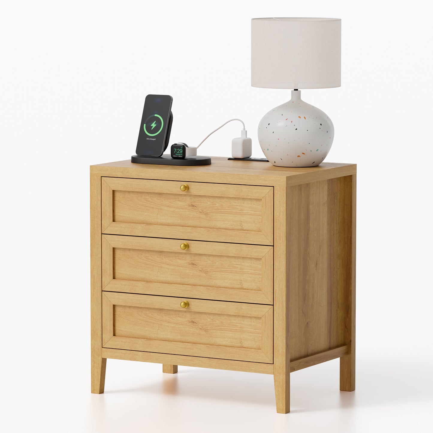 Farmhouse Nightstands Set of 2 with 3 Drawers Larger Night Stand with Charging Station Tall Bed Side Table Wide Nightstand End Table for Sofa, Bedroom