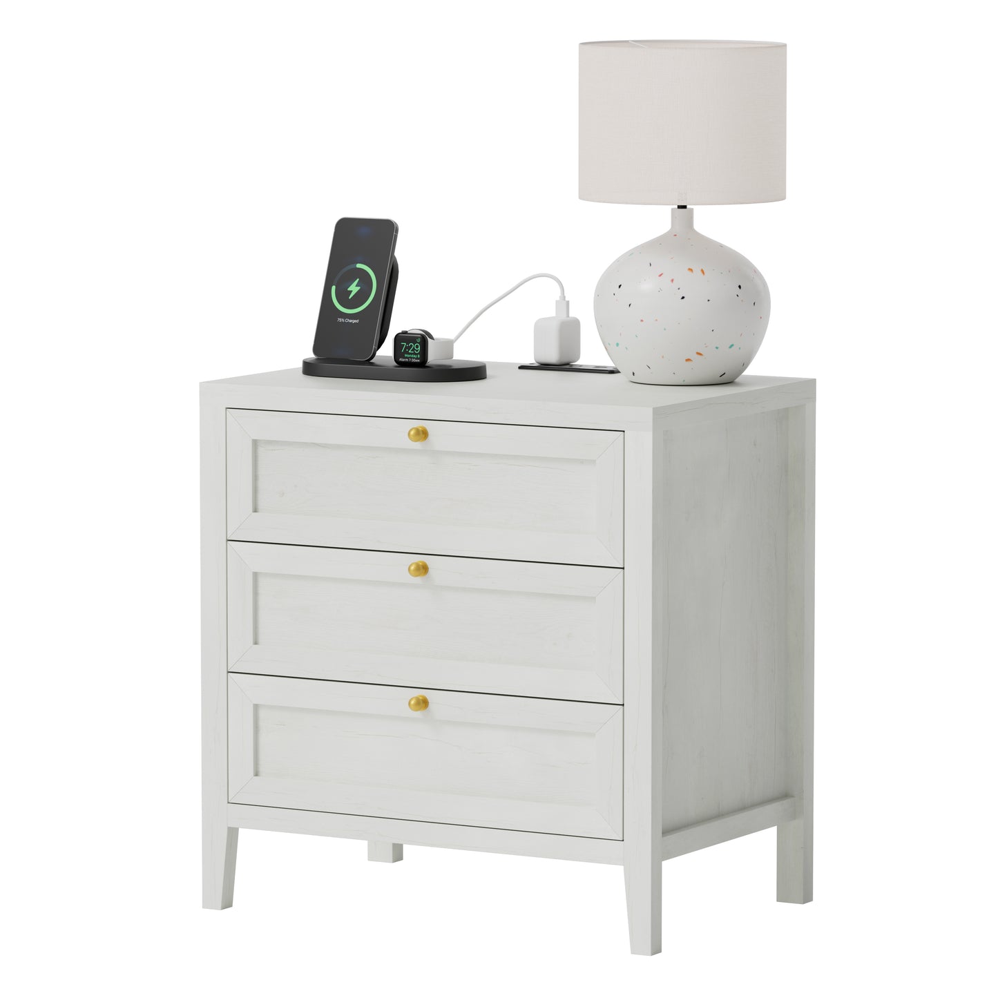 Farmhouse Nightstands Set of 2 with 3 Drawers Larger Night Stand with Charging Station Tall Bed Side Table Wide Nightstand End Table for Sofa, Bedroom