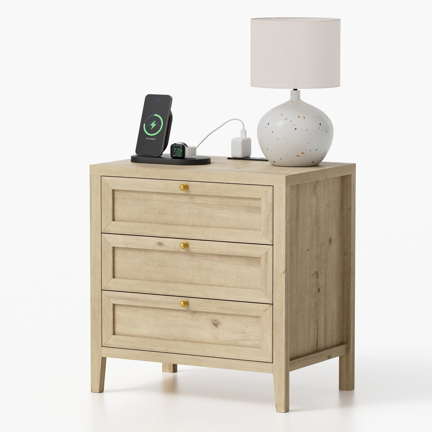 Farmhouse Nightstands Set of 2 with 3 Drawers Larger Night Stand with Charging Station Tall Bed Side Table Wide Nightstand End Table for Sofa, Bedroom