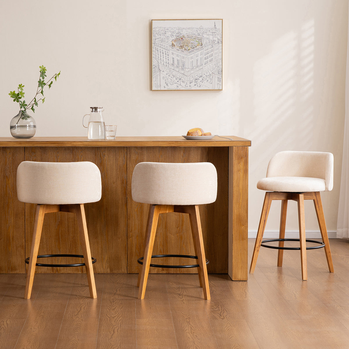 26" Swivel Bar Stools Set of 4, Farmhouse Upholstered Bar Chairs with Curved Back and Wood Legs, Chenille Fabric Counter Height Island Chairs for Kitchen Island