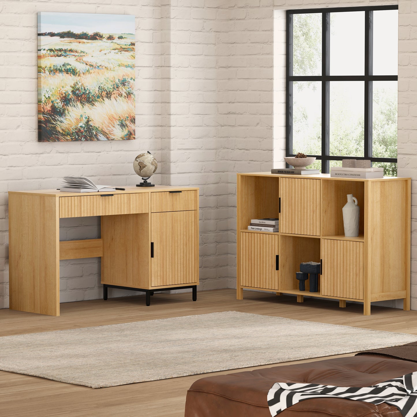 47" Office Desk with Fluted Drawers, Wooden Home Exectuive Desk with Storage Cabinet, Charging Station, Metal Legs Modern Farmhouse Computer Desk for Work, Study
