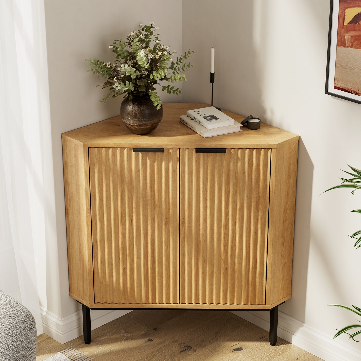 Modern Fluted Corner Cabinet, Small Floor Storage Cabinet with Adjustable Shelf & Metal Legs, Wooden Freestanding Narrow Organizer for Living Room Kitchen