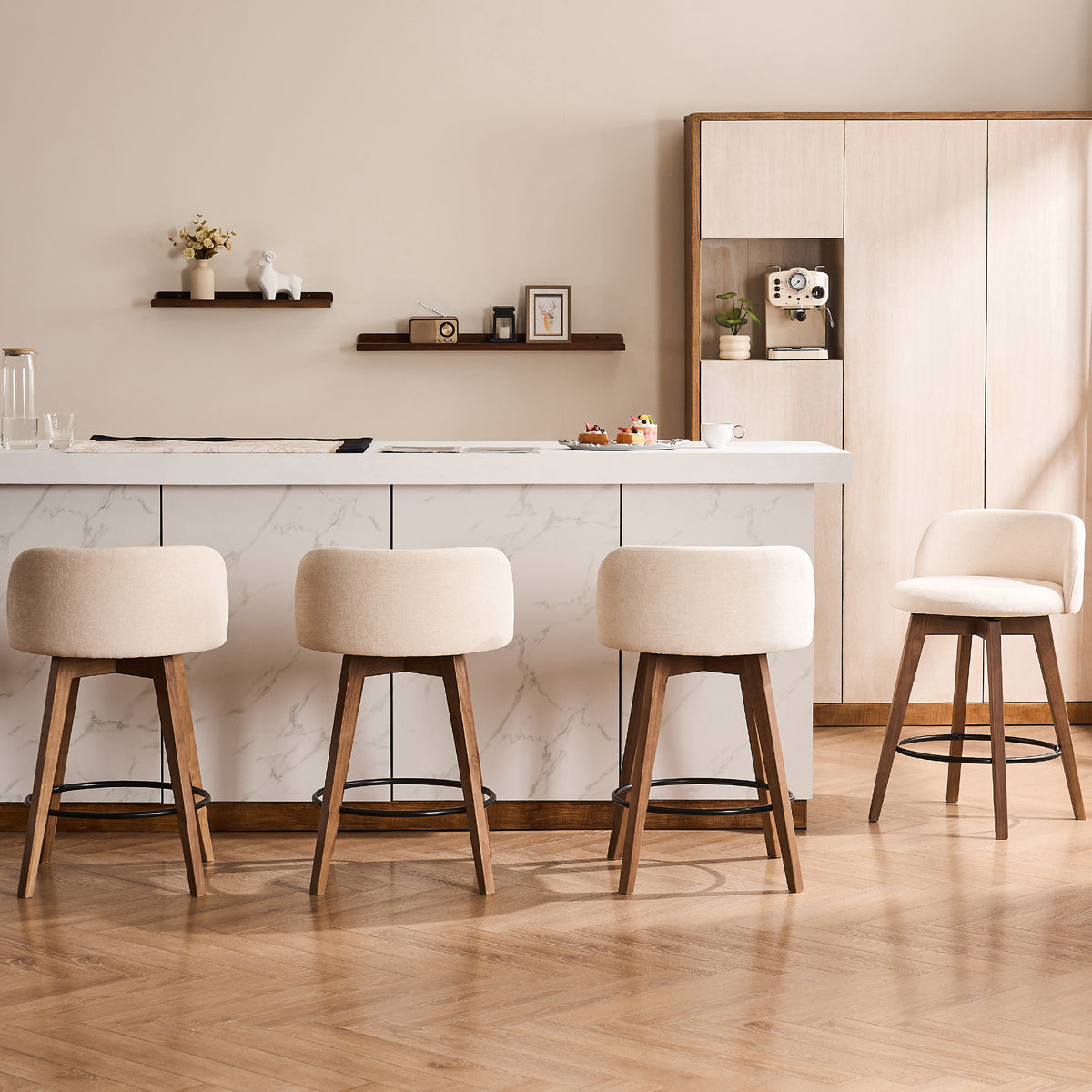 26" Swivel Bar Stools Set of 4, Farmhouse Upholstered Bar Chairs with Curved Back and Wood Legs, Chenille Fabric Counter Height Island Chairs for Kitchen Island