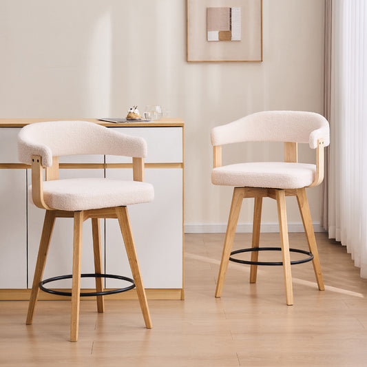 Swivel Bar Stools, 26” Wood Counter Height Barstools with Curved Back, Mid Century Modern Upholstered Bar Chairs for Kitchen Island, Dining Room, Pub
