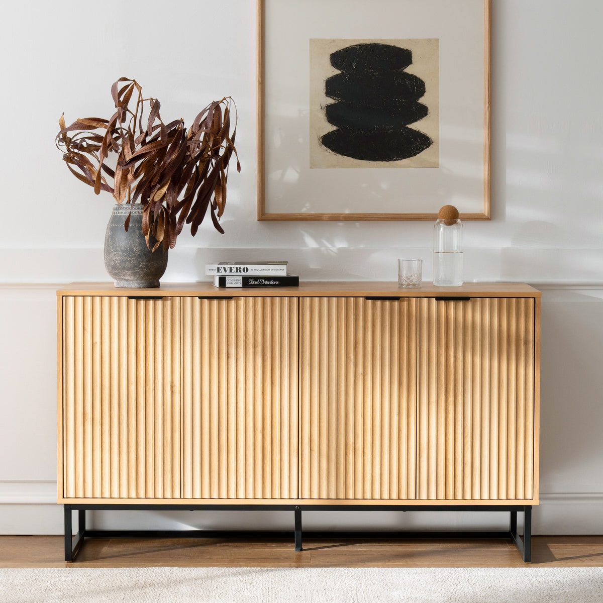 Fluted Storage Cabinet with 4 Doors, 55" Large Sideboard Buffet Cabinet with Adjustable Shelves Kitchen Wooden Credenza Coffee Bar Console Table for Dining Room Living Room
