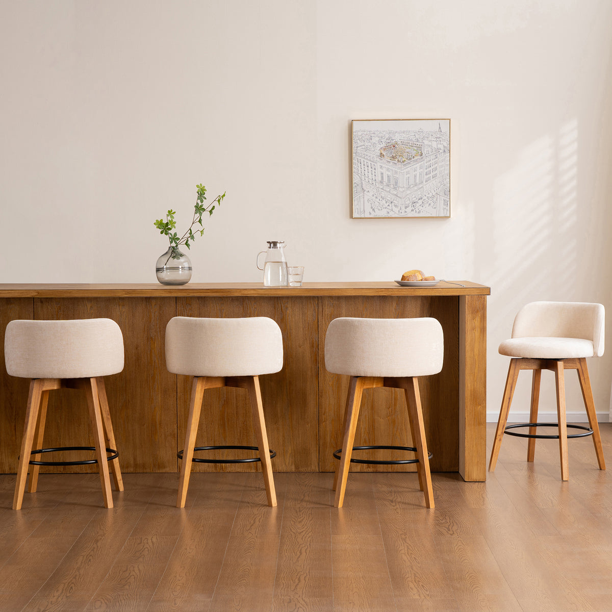 26" Swivel Bar Stools Set of 4, Farmhouse Upholstered Bar Chairs with Curved Back and Wood Legs, Chenille Fabric Counter Height Island Chairs for Kitchen Island