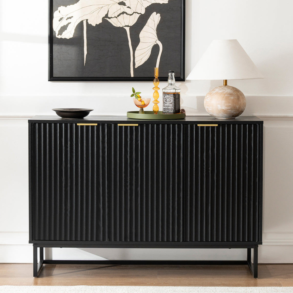 Fluted Storage Cabinet with 3 Doors, Sideboard Buffet Cabinets with Adjustable Shelves, Multifunctional Console Table with Storage Credenza for Living Room, Hallway,