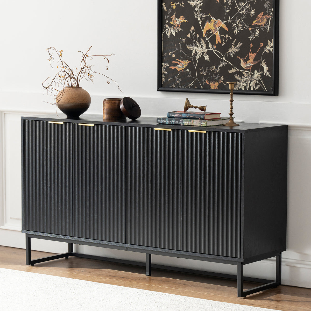 Fluted Storage Cabinet with 4 Doors, 55" Large Sideboard Buffet Cabinet with Adjustable Shelves Kitchen Wooden Credenza Coffee Bar Console Table for Dining Room Living Room