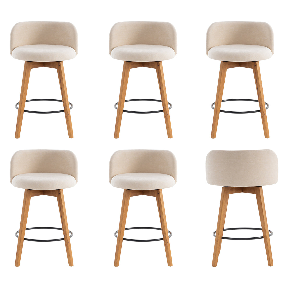 26" Swivel Bar Stools Set of 4, Farmhouse Upholstered Bar Chairs with Curved Back and Wood Legs, Chenille Fabric Counter Height Island Chairs for Kitchen Island