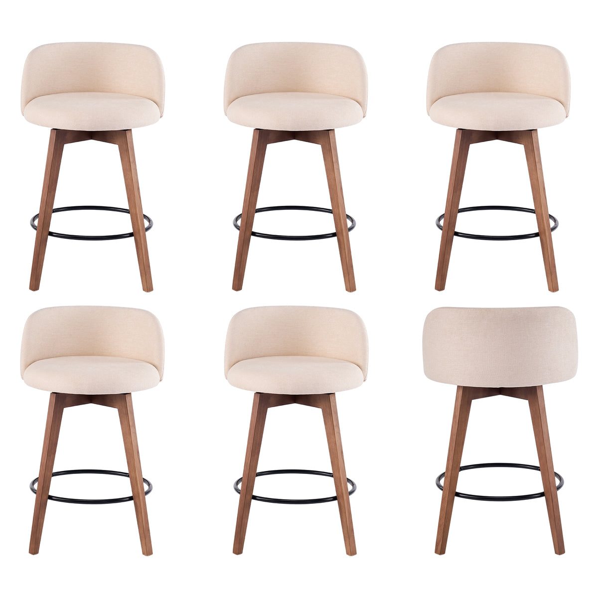 26" Swivel Bar Stools Set of 4, Farmhouse Upholstered Bar Chairs with Curved Back and Wood Legs, Chenille Fabric Counter Height Island Chairs for Kitchen Island